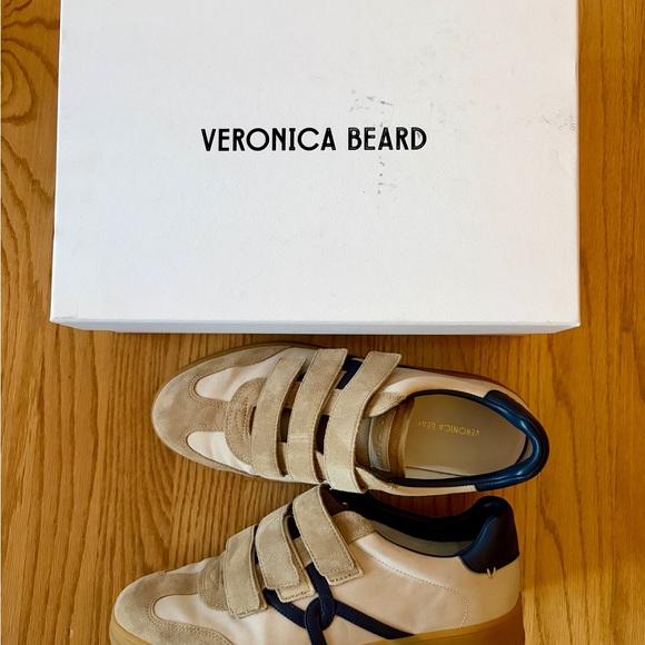 Veronica Beard Reagan Velcro Sneaker Beige & Navy Canvas & Leather Size 10 - Picture 4 of 10